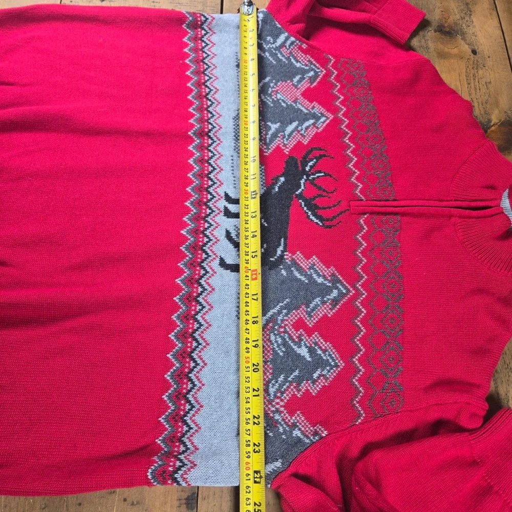 Chaps Mens XXL Red Fair Isle Moose Tree Quarter Zip Cotton Sweater Mock Neck